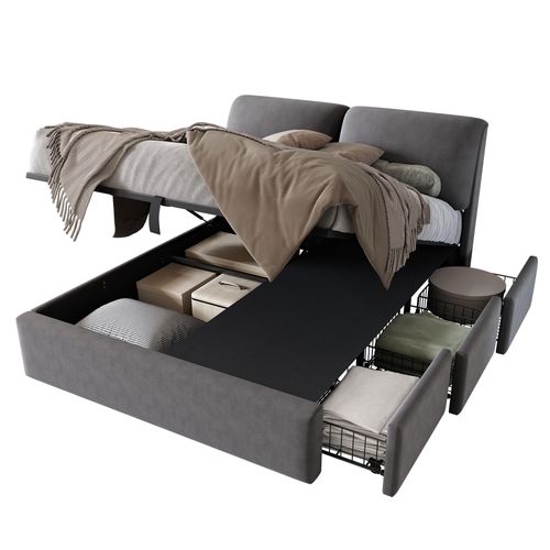 Lit Coffre 140x190 Cm Avec Sommier Hydraulique Et Tiroirs De Rangement