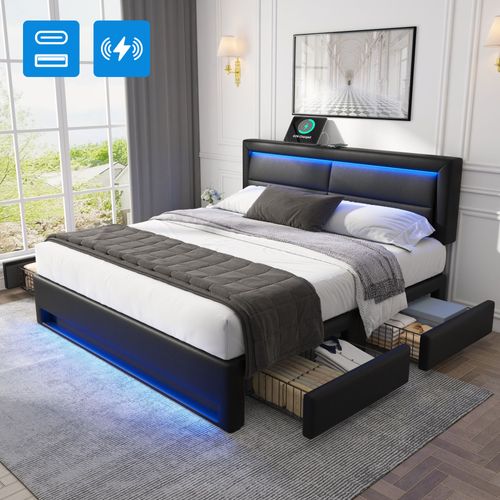 Lit Rembourré 140x190 Cm Avec Ports USB Et Éclairage LED