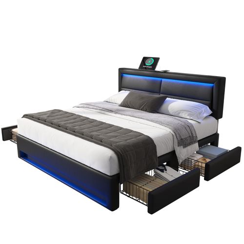 Lit Rembourré 140x190 Cm Avec Ports USB Et Éclairage LED