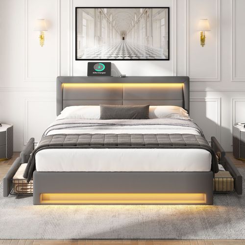 Lit Rembourré 140x190 Cm Avec Éclairage LED Et USB, Gris