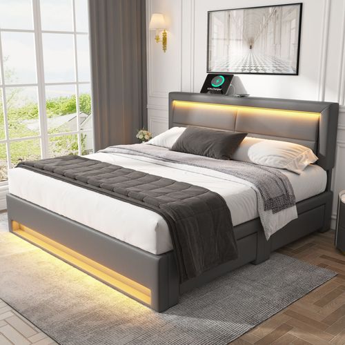 Lit Rembourré 140x190 Cm Avec Éclairage LED Et USB, Gris