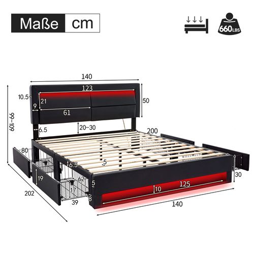 Lit Coffre 140x200 Cm Avec Structure En Pu Et USB Intégré