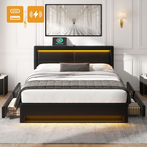 Lit Coffre 140x200 Cm Avec Structure En Pu Et USB Intégré