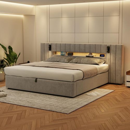 Lit Coffre 180x200 Cm Avec Structure Rembourrée Et Éclairage LED