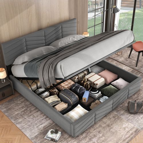 Lit Coffre 180x200 Cm Avec Tête De Lit En Velours Ajustable Et Design Moderne