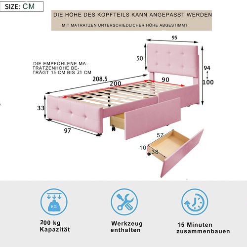 Lit Rembourré 90x200 Cm Avec Tête De Lit Et Tiroirs En Tissu Rose