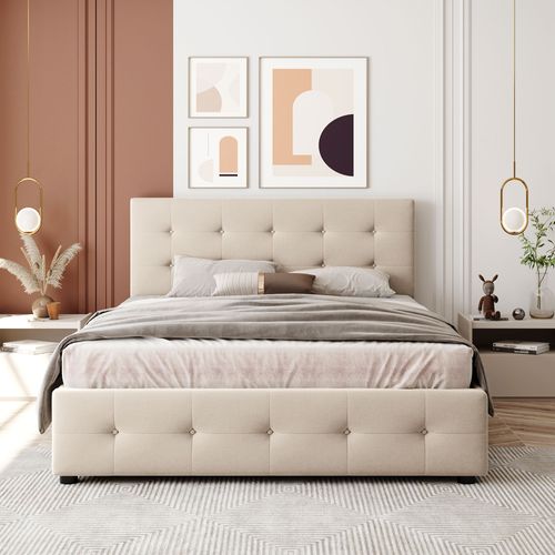 Lit Double 140x200 Cm Avec Lit Coffre Et Tête De Lit Rembourrée En Tissu Beige