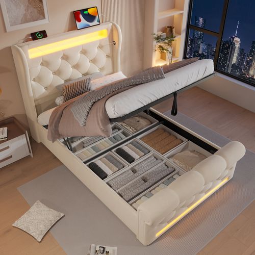 Lit Rembourré 90x200 Cm Avec LED Et Coffre De Rangement Intégré