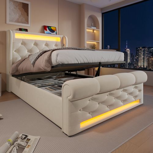 Lit Rembourré 90x200 Cm Avec LED Et Coffre De Rangement Intégré