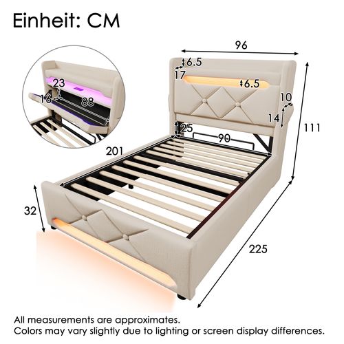 Lit Simple 90x200 Cm Avec Coffre De Rangement Et Éclairage LED