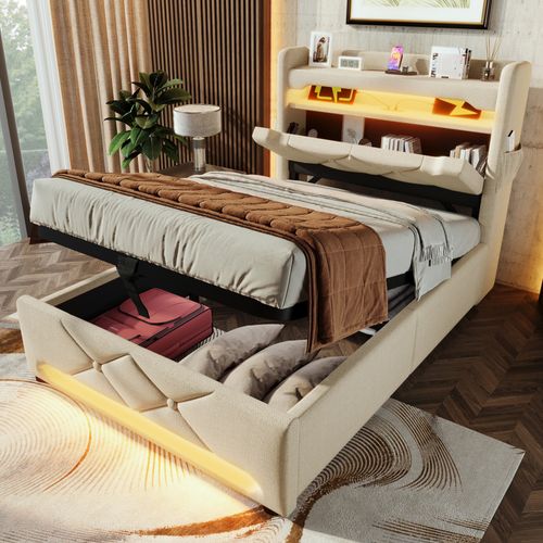 Lit Simple 90x200 Cm Avec Coffre De Rangement Et Éclairage LED