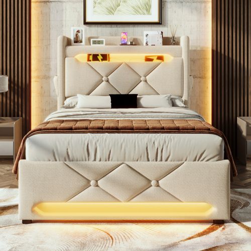 Lit Simple 90x200 Cm Avec Coffre De Rangement Et Éclairage LED