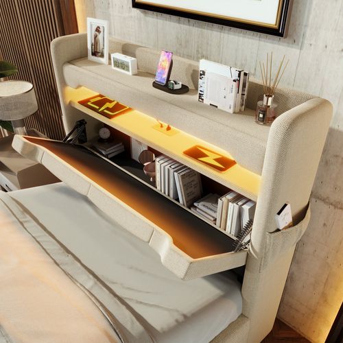 Lit Simple 90x200 Cm Avec Coffre De Rangement Et Éclairage LED