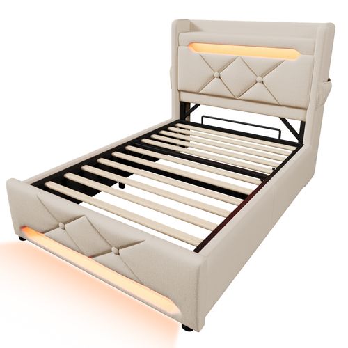 Lit Simple 90x200 Cm Avec Coffre De Rangement Et Éclairage LED