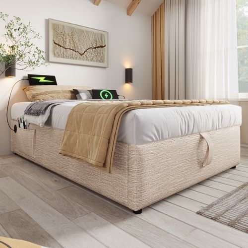 Lit Simple 90x200 Cm Avec Structure De Rangement Et USB Intégrés