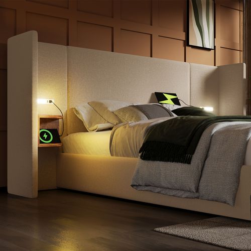 Lit Coffre 160x200 Cm Avec Structure En Métal Et Bois, Rangement Et Lampe De Lecture