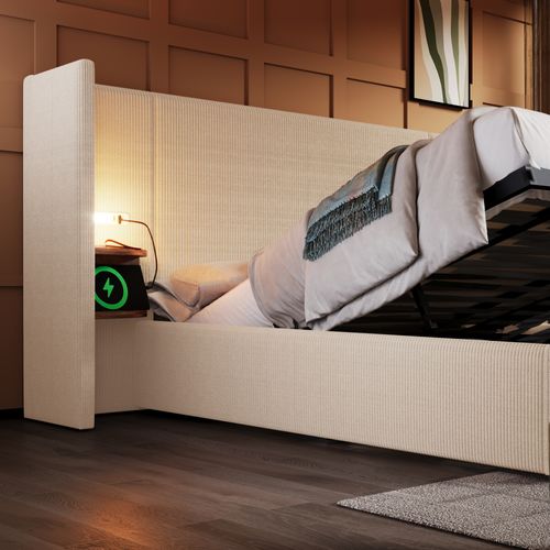 Lit Coffre 180x200 Cm Avec Tête De Lit Multifonction Et Lampe De Lecture