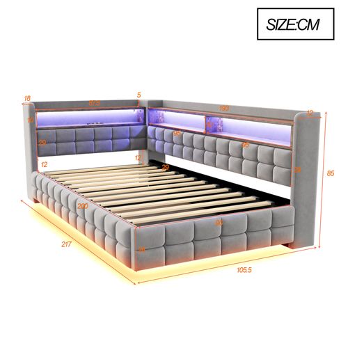 lit enfant  90x200 Cm Avec Coffre De Rangement Hydraulique Velours Gris Clair