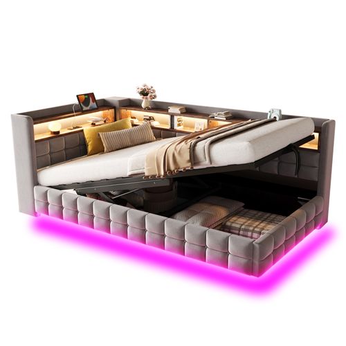 lit enfant  90x200 Cm Avec Coffre De Rangement Hydraulique Velours Gris Clair