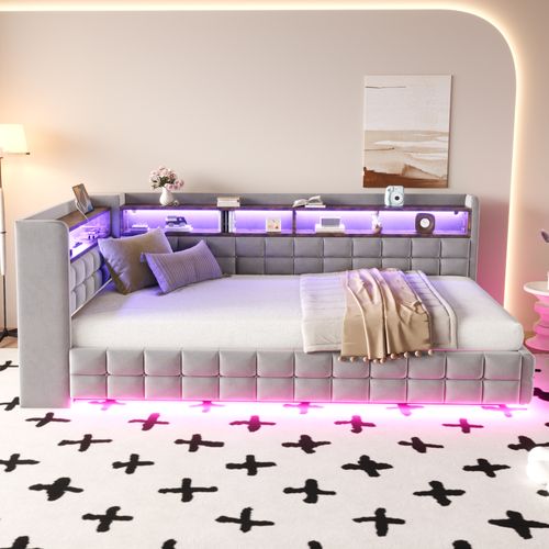 lit enfant  90x200 Cm Avec Coffre De Rangement Hydraulique Velours Gris Clair