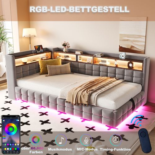 lit enfant  90x200 Cm Avec Coffre De Rangement Hydraulique Velours Gris Clair