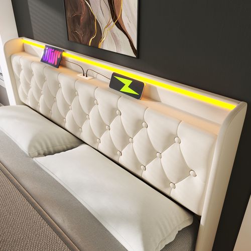 Lit Coffre 140x200 Cm Avec Structure Hydraulique Et Éclairage LED