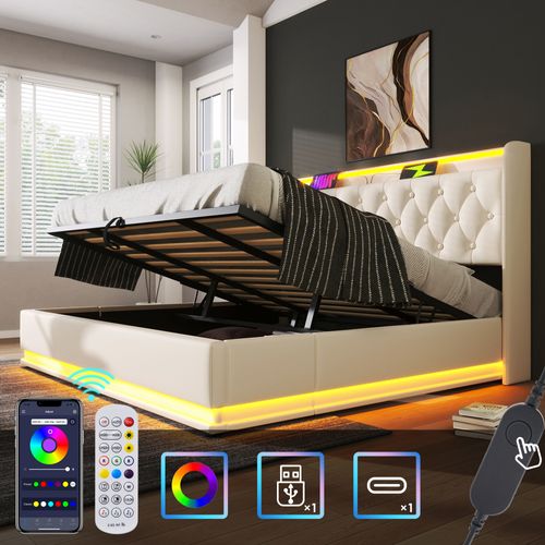 Lit Coffre 180x200 Cm Avec Éclairage LED Et Tête De Lit Rembourrée