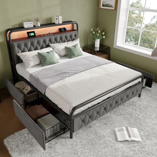 Lit Coffre 160x200 Cm Avec Tête De Lit Capitonnée Et Éclairage LED