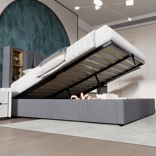 Lit Double 140x200 Cm Avec Tête De Lit Rembourrée Et Rangement Intégré