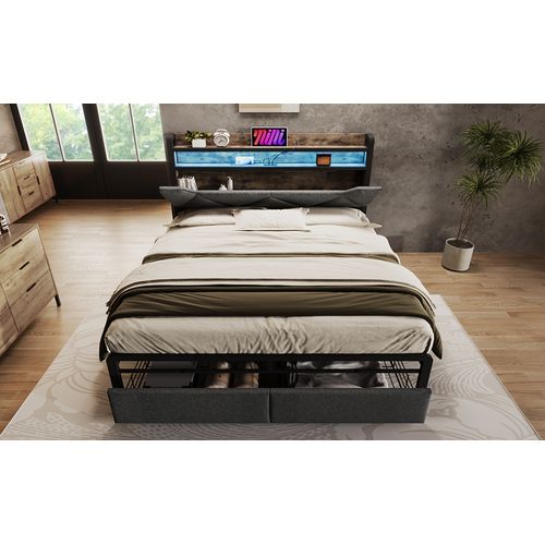 Lit Double 160x200 Cm Avec Tête De Lit Rembourrée Et Coffres De Rangement