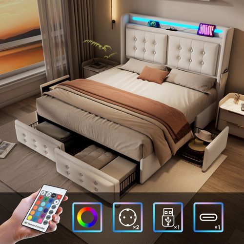 Lit Rembourré 160x200 Cm Avec Tête De Lit LED Et 4 Tiroirs De Rangement
