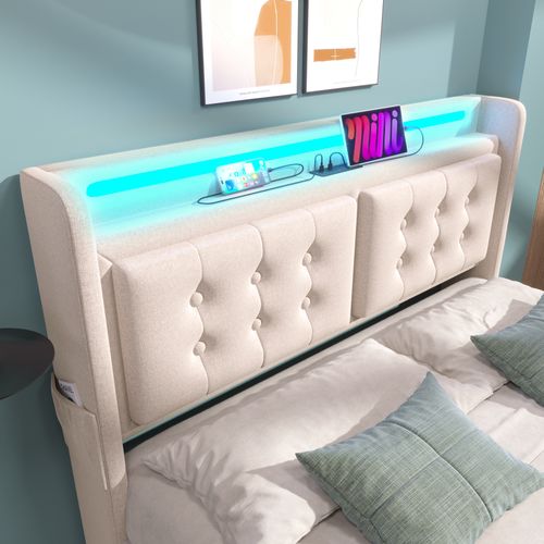 Lit Rembourré 160x200 Cm Avec Tête De Lit LED Et 4 Tiroirs De Rangement