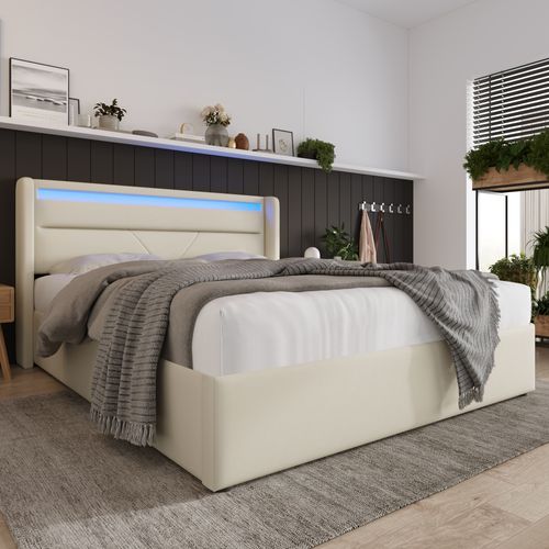 Lit Coffre 140x200 Cm Avec Sommier Relevable Et Tête De Lit LED