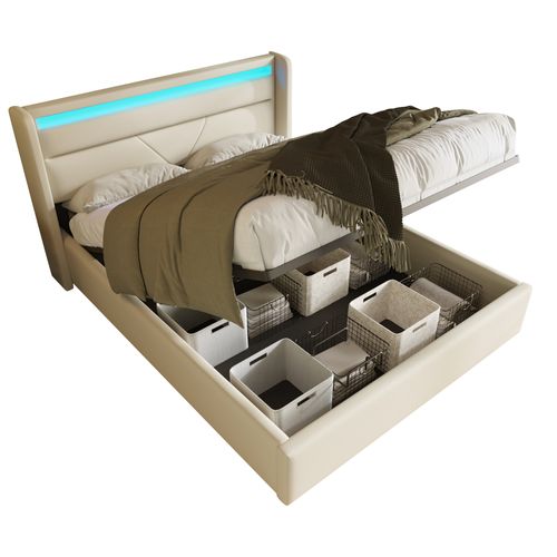 Lit Coffre 140x200 Cm Avec Sommier Relevable Et Tête De Lit LED