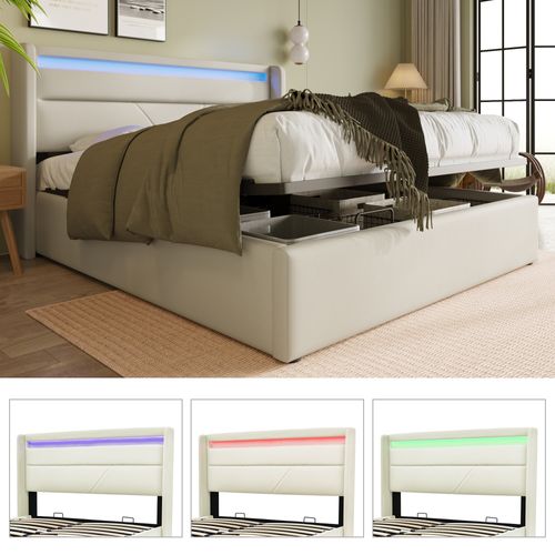 Lit Coffre 140x200 Cm Avec Sommier Relevable Et Tête De Lit LED