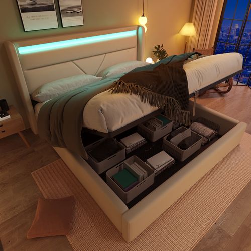 Lit Coffre 140x200 Cm Avec Sommier Relevable Et Tête De Lit LED