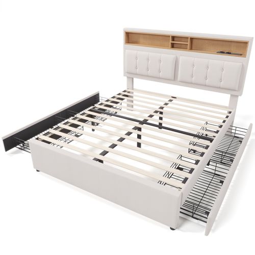 Lit Double 160x200 Cm Avec Tête De Lit Rembourrée Et 4 Tiroirs