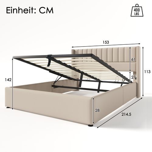 Lit Coffre 140x200 Cm Avec Structure Hydraulique Et Tissu Beige