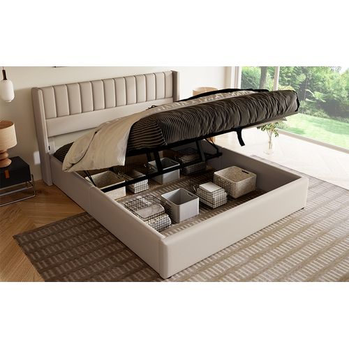 Lit Coffre 140x200 Cm Avec Structure Hydraulique Et Tissu Beige