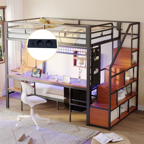 Lit Mezzanine 140x200 Cm Avec Bureau Intégré Noir