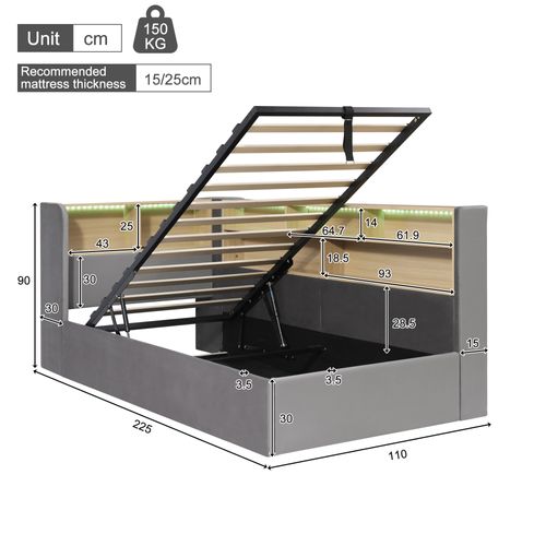 Lit Coffre 90x200 Cm Avec Rangement Hydraulique En Velours Gris