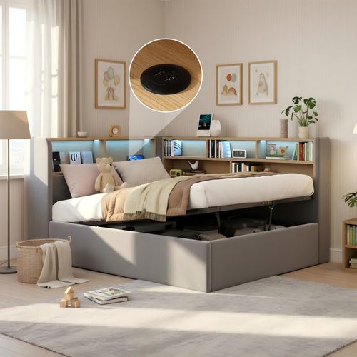 Lit Coffre 90x200 Cm Avec Rangement Hydraulique En Velours Gris