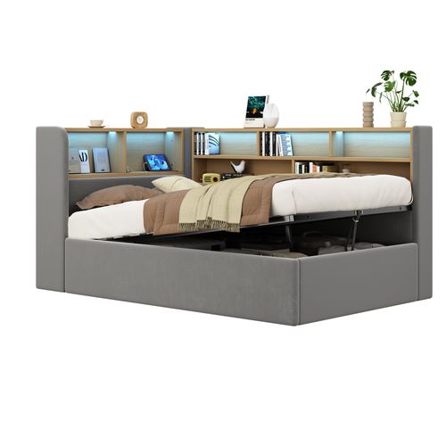 Lit Coffre 90x200 Cm Avec Rangement Hydraulique En Velours Gris