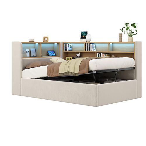 Lit Coffre 90x200 Cm Avec Structure Relevable Hydraulique En Velours Beige