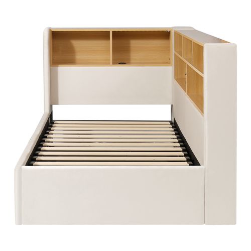 Lit Coffre 90x200 Cm Avec Structure Relevable Hydraulique En Velours Beige