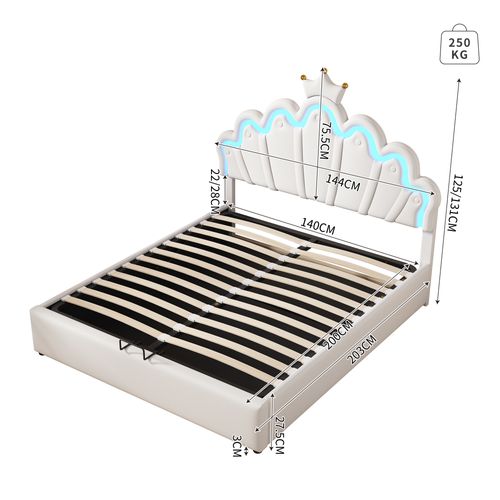 Lit Coffre 140x200 Cm En Pu Blanc, Tête En Nuage Avec Couronne Rose Et Éclairage LED Réglable