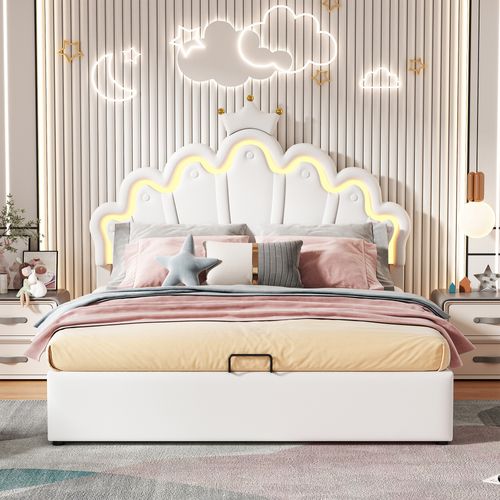Lit Coffre 140x200 Cm En Pu Blanc, Tête En Nuage Avec Couronne Rose Et Éclairage LED Réglable