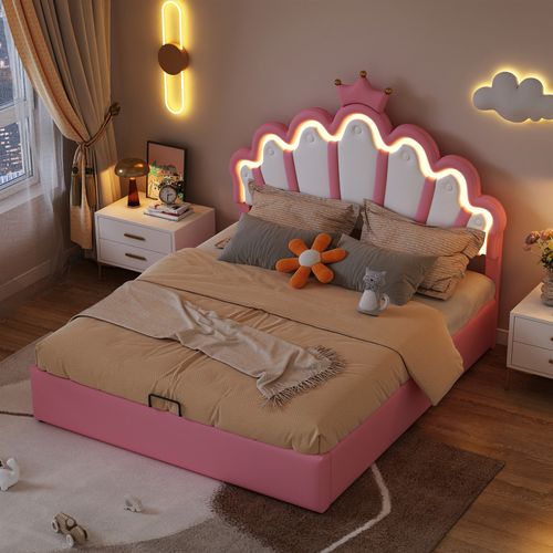 Lit Coffre 140x200 Cm En Pu Rose, Tête Capitonnée Couronnée Et LEDs Pilotables Par Application