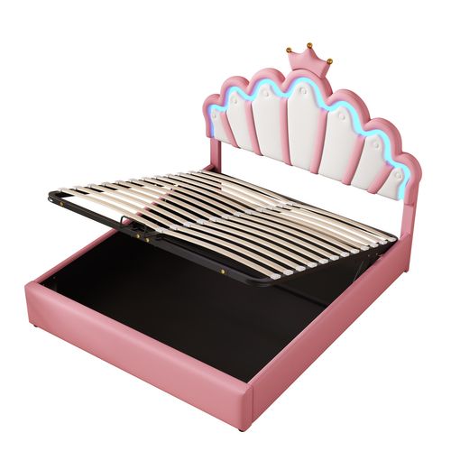 Lit Coffre 140x200 Cm En Pu Rose, Tête Capitonnée Couronnée Et LEDs Pilotables Par Application