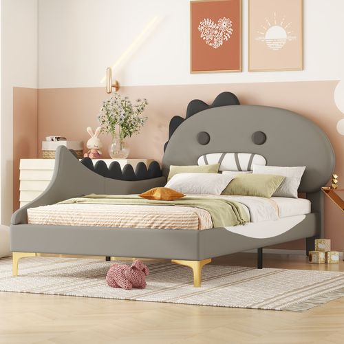 Lit 90x200 Cm Enfant En Pu Gris, Tête De Lit Cartoon En Forme De Dinosaure, Design Ludique